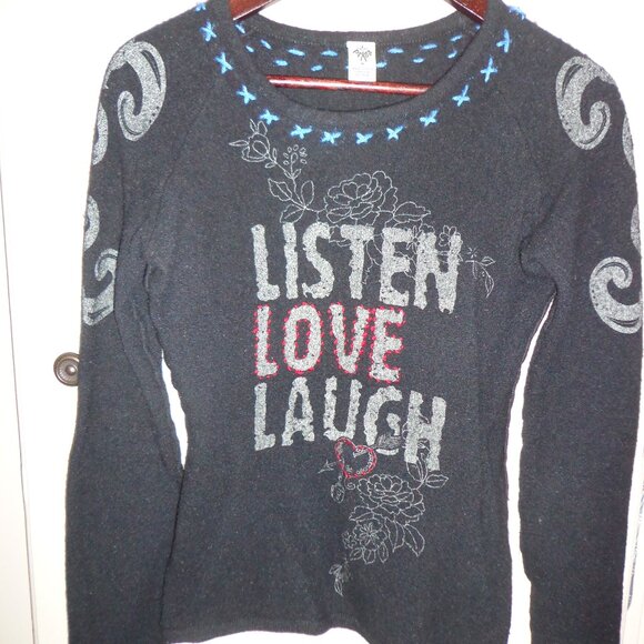 prAna Listen Love Laugh BOHO Knit Sweater M Black Raglan Raw Seams Graphics - Picture 10 of 15